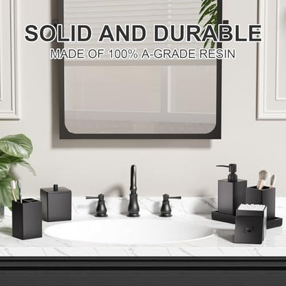 Black Bathroom Accessories Set Resin 6PCS, Square Toothbrush Holders Set Complete with Soap Dispenser, Vanity Tray, Tumbler, Cups and Cotton Swab Jars for Counter, Sink or Small Spaces - color: Black