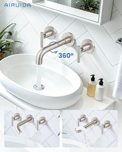 Airuida Wall Mounted Bathroom Sink Faucet,Brushed Nickel Vanity Sink Faucet | Lever Handle,3 Holes,360° Widespread Swivel Spout,Rotatable Bathroom Faucet - color: Brushed Nickel