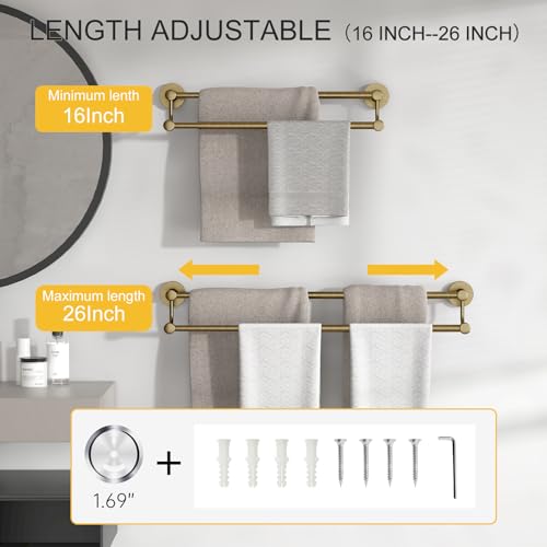 Double Towel Bar Bathroom Towel Rack Towel Rod Holder Antique Brass | Adjustable 16-26 In,Wall Mounted Towel Holder, Stainless Steel, Rustproof, Towel Bar Rod Hanger Hardware Accessories Hotel - color: Antique Brass