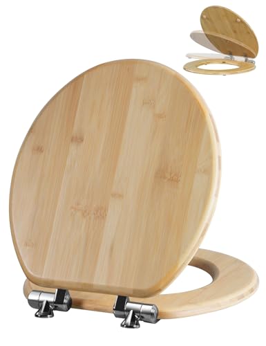 Angol Shiold ROUND Bamboo Wood Toilet Seat Soft Close 16.5Inch | Zinc Alloy Strong Hinges, Light, Easy to Install & Clean, Up to 400 lbs (Round 16.5", Natural Bamboo) - color: Soft Close, size: Round -16.5"