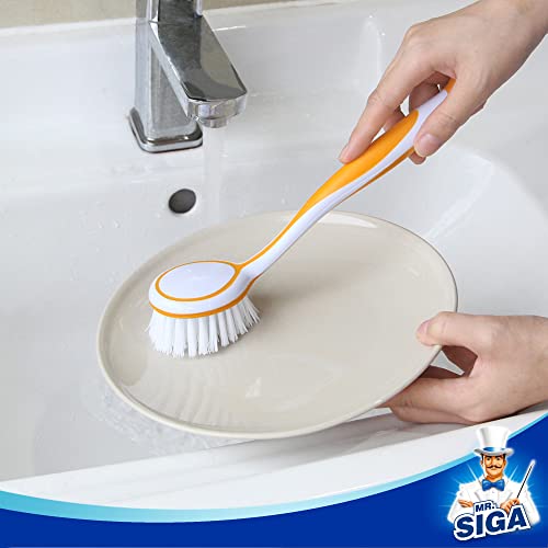 MR.SIGA Round Dish Brush with Suction Cup, Pack of 3 | Scrub brush for dishes, pans, pots, kitchen sink cleaning, dish brush with handle