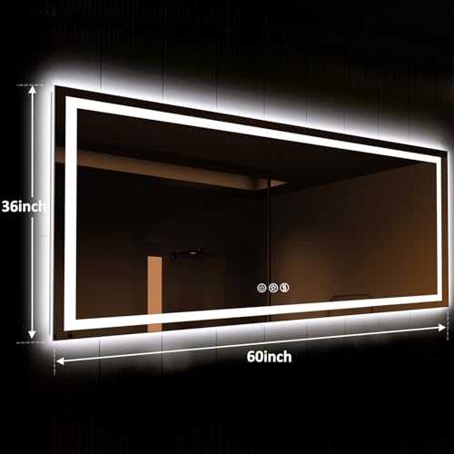 ROOMTEC 60x36 Inches LED Bathroom Mirror with Lights, Vanity Mirror with Front and Backlight, Smart Dimmable Anti-Fog LED Mirror for Bathroom, Memory Function, Tempered Glass (Horizontal) - size: 60"L x 36"W