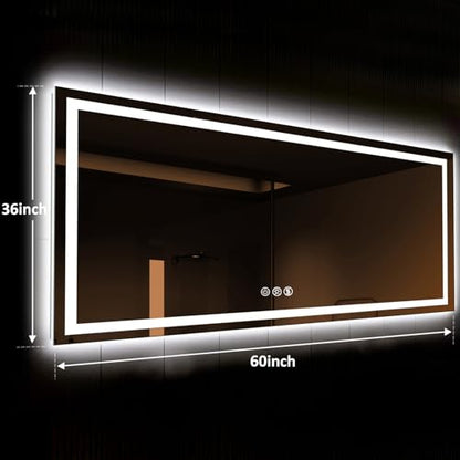 ROOMTEC 60x36 Inches LED Bathroom Mirror with Lights, Vanity Mirror with Front and Backlight, Smart Dimmable Anti-Fog LED Mirror for Bathroom, Memory Function, Tempered Glass (Horizontal) - size: 60"L x 36"W