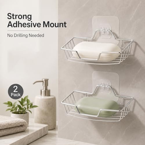 2 Pack Soap Holder for Shower Wall, Stainless Steel Wall Mounted Soap Dish with Draining Tray, No Drilling Adhesive Bar SoapSponge Holder for Bathroom and Kitchen, Silver