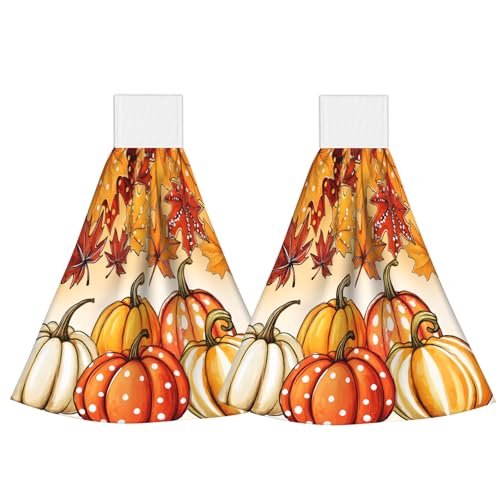 Giwawa Autumn Pumpkin Hanging Hand Towels Set of 2 Maple Leaves Bath Tie Towel Thanksgiving Absorbent Dish Wipe Washcloth for Kitchen Tabletop Room - color: Pumpkin Maple Leaf