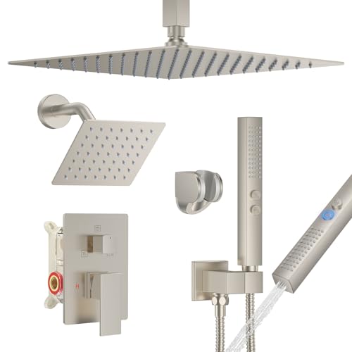 Rain Shower System 12" & 6" Dual Shower Heads Ceiling Shower Faucet Set | Ideal for bathroom remodels and upgrades with 12" rain shower, 6" angled shower, handheld spray and complete valve kit. - color: Brushed Nickel, size: Ceiling Mounted - 12"+6" Showe