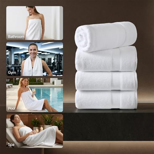 REDKISS White Bath Towels 4-Pack, 100% Cotton, Thick Plush & Highly Absorbent, 27.5" x 55" for Bathroom Spa & Home - color: White