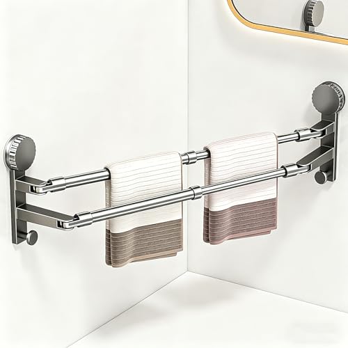 Adjustable Suction Cup Towel Rack for Corner & Right Angle Spaces, No Drilling Bathroom Towel Bar with Vacuum Suction, Rustproof Stainless Steel (Two Adjustable rods（13.8-23.2inches）) - size: Two adjustable rods（13.8-23.2inches）
