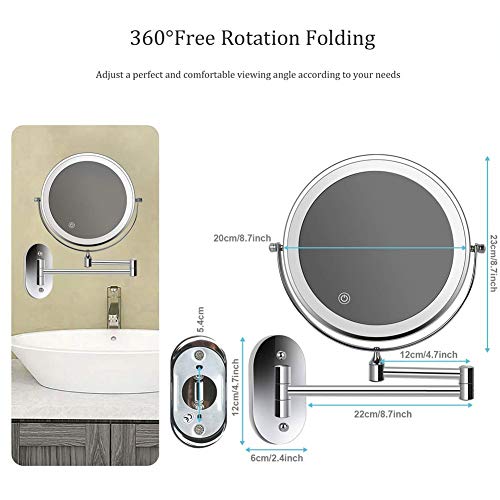 8'' Wall Mounted Makeup Mirror Black USB Rechargeable Double Sided with 3 Tones LED Lights, 1x/5x Magnifying Bathroom Mirror for Shaving Extendable Arm Touch Control1X/5X (1X/7X) - size: 1X/7X