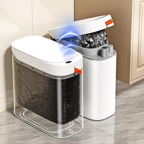 3.5 Gallon Automatic Bathroom Trash Can with Lid, Small Slim Smart Motion Sensor Garbage Bin with Auto Bag Suction & One-Pull Self Sealing, Touchless Waste Basket for Bedroom, Office, Kitchen, Rv