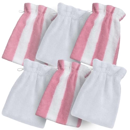 VOOVA & MOVAS Shower Mitts 6 Pack Pink Stripe,European Style with Loop | Body Wash Gloves, Gentle Texture, Durable Cotton Fabric, Ideal for Face Care, Shower and Home Use. - color: Pink Stripe&white, size: 6PC Bath Mitts