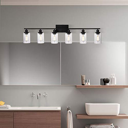 MELUCEE Black Vanity Light Fixture 6-Light with Clear Glass Shade | Industrial Metal Wall Sconce Bathroom Lighting for Bedroom Hallway Kitchen,(Patent No.: US D963914 S) - color: Black, size: 6-Light