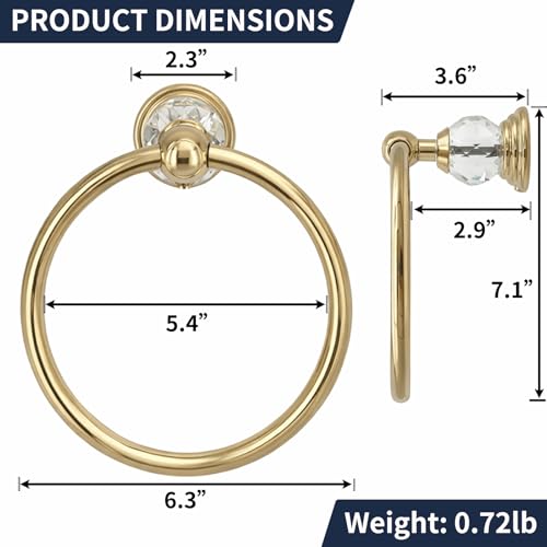 Gold Towel Ring with Crystal, Round Hand Towel Holder for Bathroom | Wall Mounted Stainless Steel Hand Towel Rack, Polished Gold Rustproof Bath Hardware, Fits Modern Luxury Home Kitchen Hotel - color: Gold Towel Ring
