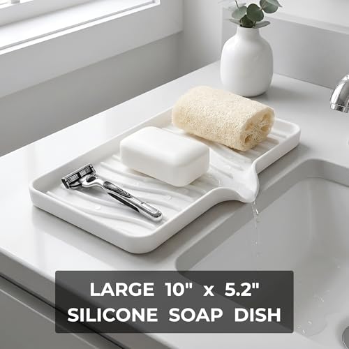 Silicone Soap Dish Tray with Drain, Large 10" x 5.2" Self-Draining Soap Holder for Bathroom Vanity and Kitchen Counter, Non-Slip Vanity Organizer for Standard & Oversized Bars (White)