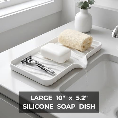 Silicone Soap Dish Tray with Drain, Large 10" x 5.2" Self-Draining Soap Holder for Bathroom Vanity and Kitchen Counter, Non-Slip Vanity Organizer for Standard & Oversized Bars (White)