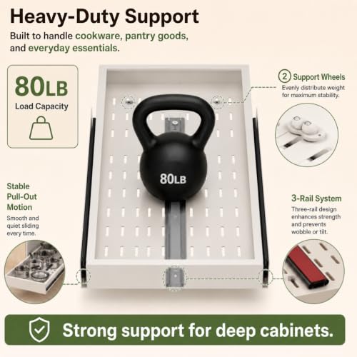 Fokyfok Pull out Cabinet Organizer,Expandable No Drill,Heavy Duty,Kitchen | 11"-16"W x 25"-32"D,3 Rails,Pull out Drawer,Cabinet Drawer Slide out,Roll out Shelves,Pantry,Bathroom,Adhesive,Adjustable,1PC - size: 11"-17"W X 25"-32"D
