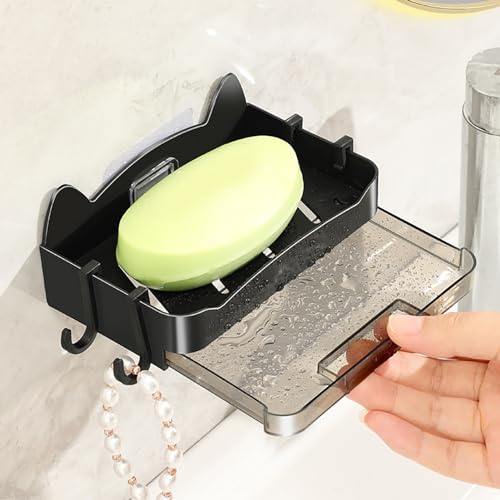 Cat Modeling Wall Mounted Holder, Drainage Dish for Bathroom with Cute Design, Sturdy Plastic Material, Practical Usage (Black) - color: Black