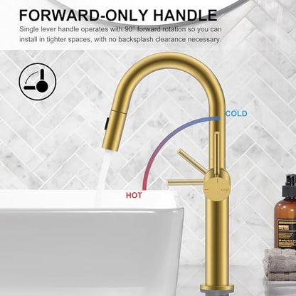 Brushed Gold 1 Handle Tall Vessel Sink Faucet with Pull Down Sprayer | Vessel Bowl Faucet with Pop Up Drain & Supply Lines, Lead-Free cUPC & NSF Certified, 1 Hole Faucet for Vanity RV Restroom - color: Brushed Gold, size: Tall