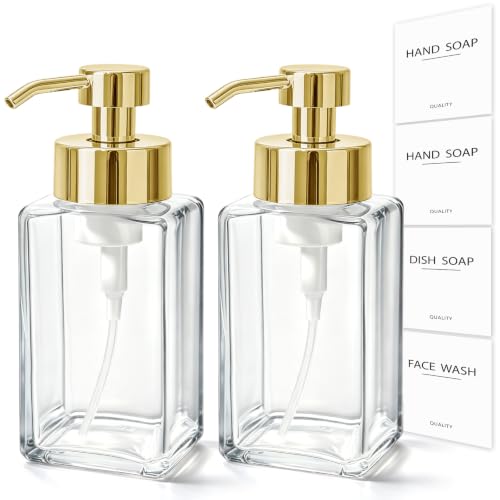 Foaming Soap Dispenser, 12oz/350ml Glass Foaming Hand Soap Dispenser Set, 2Pcs Refillable Foam Soap Dispenser with Foaming Pump, Labels, Square Foam Soap Hand Dispenser for Bathroom, Gold - color: Clear Bottle +Gold Pump