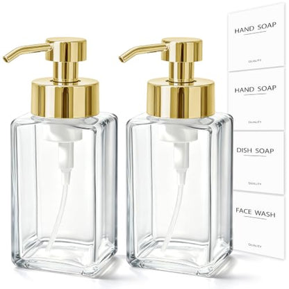 Foaming Soap Dispenser, 12oz/350ml Glass Foaming Hand Soap Dispenser Set, 2Pcs Refillable Foam Soap Dispenser with Foaming Pump, Labels, Square Foam Soap Hand Dispenser for Bathroom, Gold - color: Clear Bottle +Gold Pump