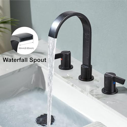 Midanya 8 Inch Widespread Bathroom Sink Faucet 3 Hole,Oil Rubbed Bronze | Waterfall Swivel Spout,2 Handle,SUS304,with Pop Up Drain,cUPC 24" Water Hose,for 6-16” hole distance vanity,RV,Farmhouse Sink - color: Bronze