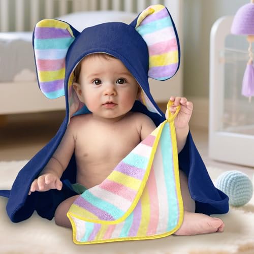 VOOVA & MOVAS Navy Baby Hooded Towel, Organic 100% Cotton,33"X31.5" - color: Navy Elephant, size: 33 x 31.5 inches