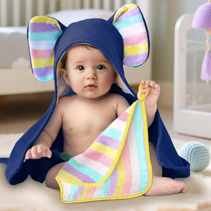 VOOVA & MOVAS Navy Baby Hooded Towel, Organic 100% Cotton,33"X31.5" - color: Navy Elephant, size: 33 x 31.5 inches