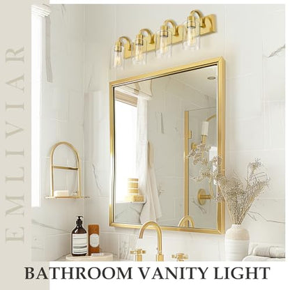 Emliviar 30 Inch Gold Vanity Light, 4-Light Bathroom Light Fixtures with Clear Glass Shade, Brushed Gold Finish, YCE237B-4W BG - color: Brushed Gold - Clear Glass, size: 4-Light
