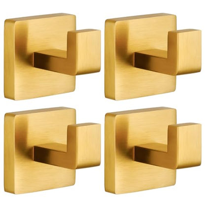 Towel Hooks for Bathrooms Robe Hook Coat Hook 4 Pack Brushed Gold Stainless Steel Heavy Duty 33 Lbs Wall Mounted Square Hooks for Bathroom Kitchen Bedroom - color: Brushed Gold