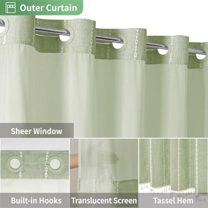 eachope No Hook Stall Shower Curtain with Snap-in Fabric Liner - 54x80 Heavy-Duty Linen Textured Striped Design,Narrow Rustic Modern Farmhouse Bohemian Bathroom Curtain,Water-Repellent,Sage Green - color: Sage Green, size: 54"W x 80"L (Pack of 1)