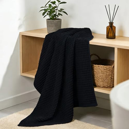 Jacquotha Waffle Bath Towel Set of 2 (Black) - Cotton, Thin, Low Lint | 31” x 62” Soft Bath Towels for Bathroom, Shower, Pool & Beach - color: Black
