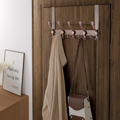 Over Door Hook 2.0 - Upgraded Version - Simple-Assembly, Strong, Heavy-Duty Stainless Steel 5-Tri-Hook Over The Door Hanger Rack, SimpleStrong Series, Antique Copper, Pack of 2 - color: Copper