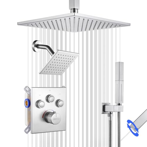 Thermostatic Shower System Brushed Nickel, Push Button Diverter Shower Faucet with 2 in 1 Handheld, Ceiling Mount 12 Inch Shower Head with 6 Inch Wall Mount Shower Head - color: Brushed Nickel, style: 12 Inch