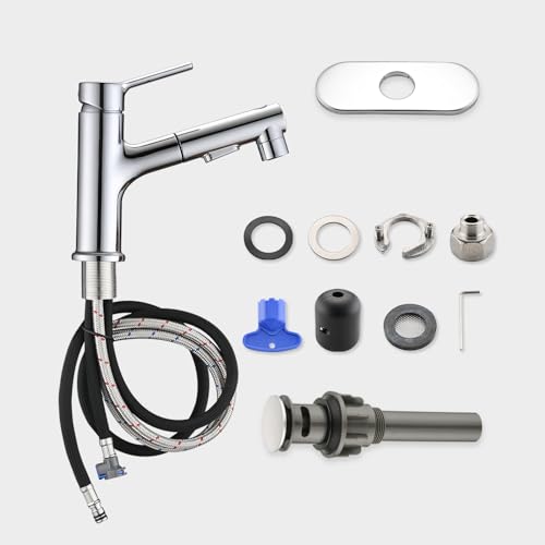 Bathroom Sink Faucet with Pull Out Sprayer, Single Handle Modern Bathroom Basin Faucet with Pop-up Sink Drain Stopper & Deck Plate 1 or 4-inch Centerset 3 Hole, Chrome - color: Chrome
