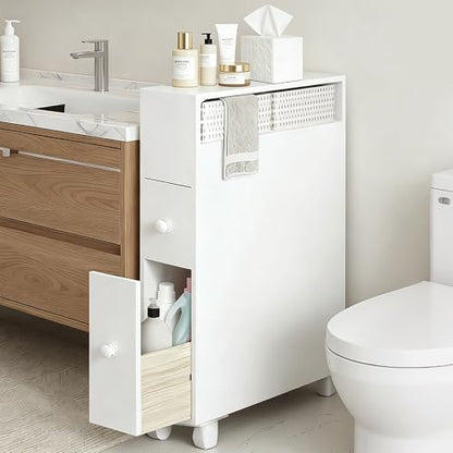 Jerry & Maggie Bathroom Storage Cabinet Movable freestanding Toilet Organizer with Multi Tier Shelves Drawers and Toilet Paper Rack Space Saver for Home Bathroom or Living Room Storage