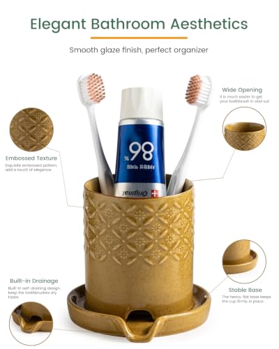 Zoeeker Toothbrush Holder with Drainage, Ceramic Toothbrush Holders Set | Electric Toothbrush & Toothpaste Holder for Bathrooms Self-draining Tooth Brush Cup Countertop Organizers for Family, Yellow - color: B-yellow