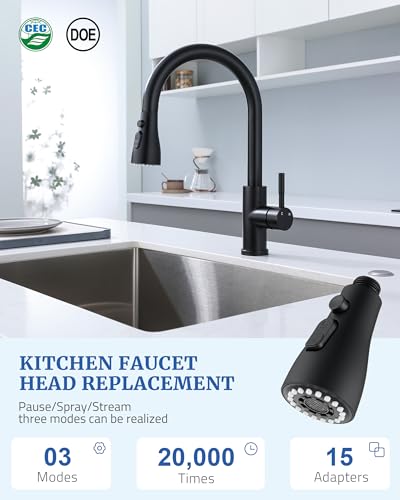Kitchen Faucet Head Replacement, 15 Adapters, 3-Mode Pull Down Sprayer Head | 3 Functions Stream Spray Pause, Easy 5-Min Install, Pull Out Nozzle, Matte Black, Compatible with Moen Delta Hansgrohe - color: Matte Black