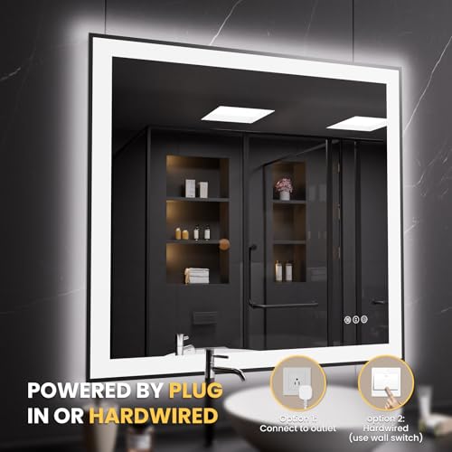 LOAAO 40"X38" LED Bathroom Mirror Black Framed | Anti-Fog, Dimmable, Memory Function, Tempered Glass, Lighted Vanity Mirror for Wall - size: 40"L x 38"W