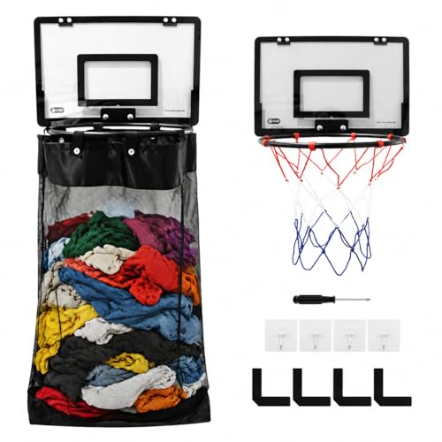 Over the Door Basketball Hamper, 2-in-1 Hanging Dirty Clothes Organizer with Hoop Design, Kids Room Fun Toss Storage Bag, Large Capacity Removable Zip Laundry Bag