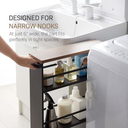 YAMAZAKI home Tower Rolling Slim Storage Cart With Handle Black | Narrow kitchen storage cabinet with built-in handle. Slim rolling storage cart with wheels. Easy assembly. Keeps items tidy. - color: Black