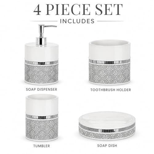 Creative Scents Mirror Damask 4 Piece Resin Bathroom Accessories Set | Includes Soap Dispenser, Toothbrush Holder, Tumbler Cup & Soap Dish - color: 4 Piece Set
