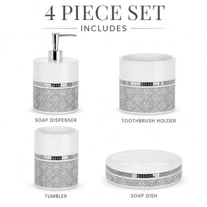 Creative Scents Mirror Damask 4 Piece Resin Bathroom Accessories Set | Includes Soap Dispenser, Toothbrush Holder, Tumbler Cup & Soap Dish - color: 4 Piece Set