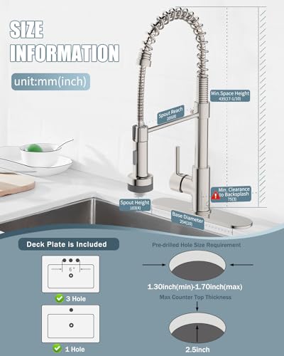 Kitchen Faucet with LED Light,Kitchen Faucet with Soap Dispenser,Faucet for Camper Farmhouse RV Kitchen Sink,Single Handle Stainless Steel Kitchen Sink Faucets with Pull Down Sprayer,Nickel Brushed - color: B-Brushed Nickel, style: Rustic