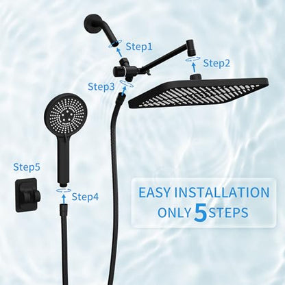 RFOUO 11 Inch Wide Rain Shower Head with Handheld, Matte Black | High Pressure Rainfall, Dual Shower Head Combo with Adjustable Arm, 3-Mode Detachable Handheld Spray,with 59 Inch Hose - color: Matte Black