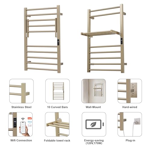 Heated Towel Warmer Rack Electric Bathroom with Voice Control Alexa & Google Home,TUYA Wall-Mounted,Stainless Steel,31.5x19.69x11.61in,Foldable Storage,Plug-in,Brushed Brass,10 Bars - color: Brushed Brass With Wifi & Shelf