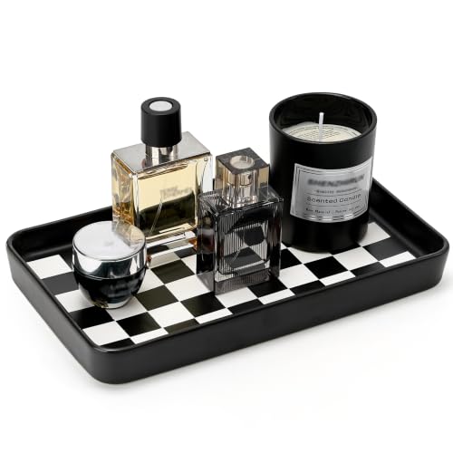 10"×6"×1" Texture Checkered Surface Bathroom Vanity Tray for Countertop- Ceramic Decorative Organizer Tray for Dresser Top, Toilet, Perfume, Sponge Holder Soap Dish Dispenser for Kitchen Counter - color: Black Color With Checkered Pattern-1 Pc