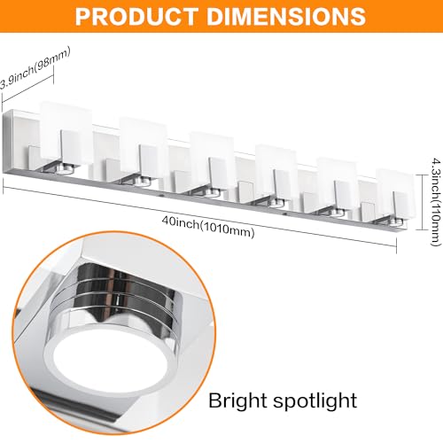 SOLFART Vanity Lighting Fixtures Stainless Steel Acrylic Chrome Vanity Lights Modern LED 6 Lights Bathroom Light - color: Chrome,Spotlight Model-6000K,100% Brightness, size: 6- Light,41Inch
