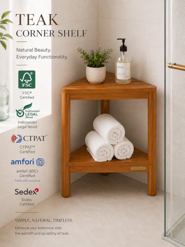 Fully Assembled Teak Corner Bath Shower Storage Stand, Bathroom Bench with Storage Shelf 18"
