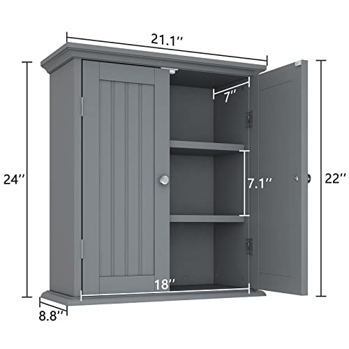 ChooChoo Bathroom Wall Cabinet with 2 Doors, Over The Toilet | 8.8"D x 21.1"W x 24"H, Medicine Cabinet, Adjustable Shelves, Cupboard, Grey - color: Grey, size: 8.8"D x 21.1"W x 24"H