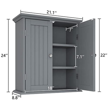 ChooChoo Bathroom Wall Cabinet with 2 Doors, Over The Toilet | 8.8"D x 21.1"W x 24"H, Medicine Cabinet, Adjustable Shelves, Cupboard, Grey - color: Grey, size: 8.8"D x 21.1"W x 24"H